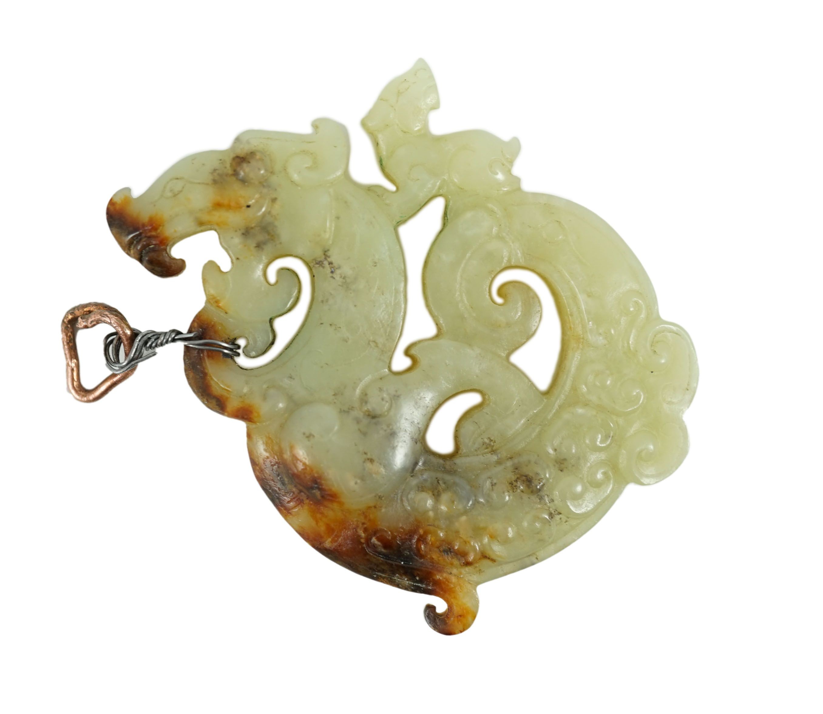 A Chinese archaistic yellow and russet jade openwork plaque, possibly Song-Yuan dynasty, 6.8cm